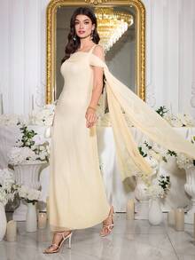 Modelyn Women's Solid Color Ribbon Design Elegant Party Dress - Light Yellow - View 3