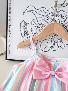 SHEIN Playful Pals Girls Colorful Striped Camisole Top With Pleated Design, Pink Bow Decor Shorts Set, Cute & Sweet For Daily Wear, Summer Summer Two Piece Set For Girls - Multicolor - View 7
