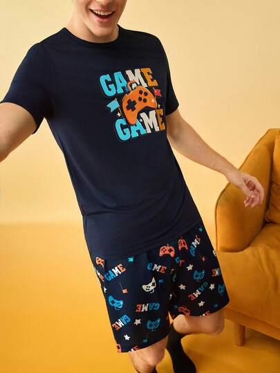 Men's Letter & Game Console Print Short Sleeve Top And Shorts Pajama Set