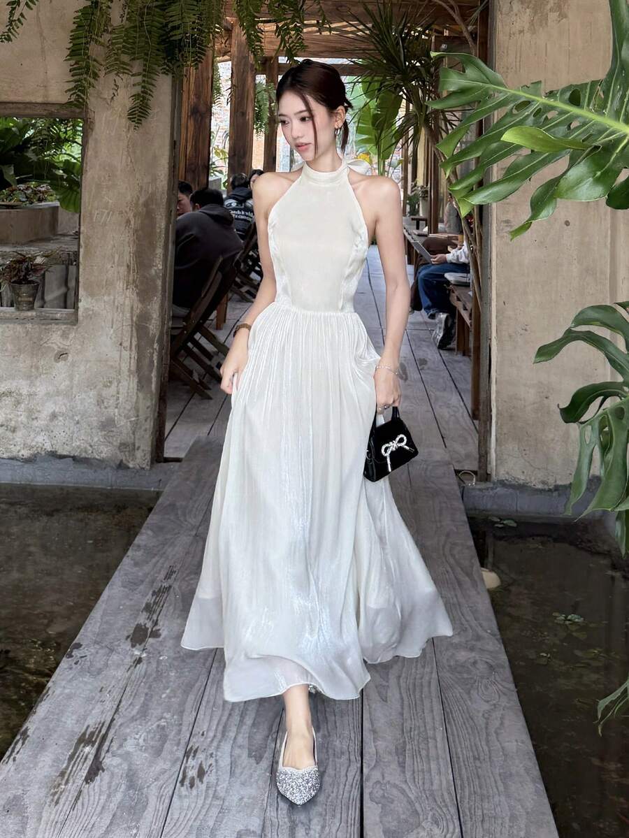 DAZY 女士纯色立领无袖优雅长连衣裙，夏季 - 白色 - 查看 1