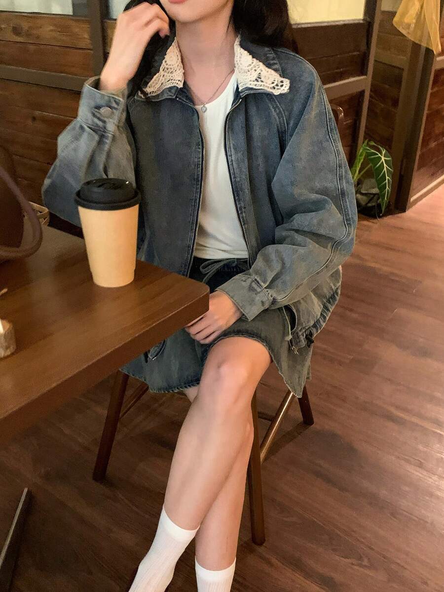 DAZY 女士蕾丝水洗韩版长袖外套和荷叶边牛仔裙套装 - 藍色 - 查看 1