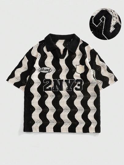 ROMWE MEN Men's Retro Contrast Color Wavy Jacquard Polo Shirt, Embroidered Patch Design, 2NY3 Knit Short Sleeve Spring/Summer