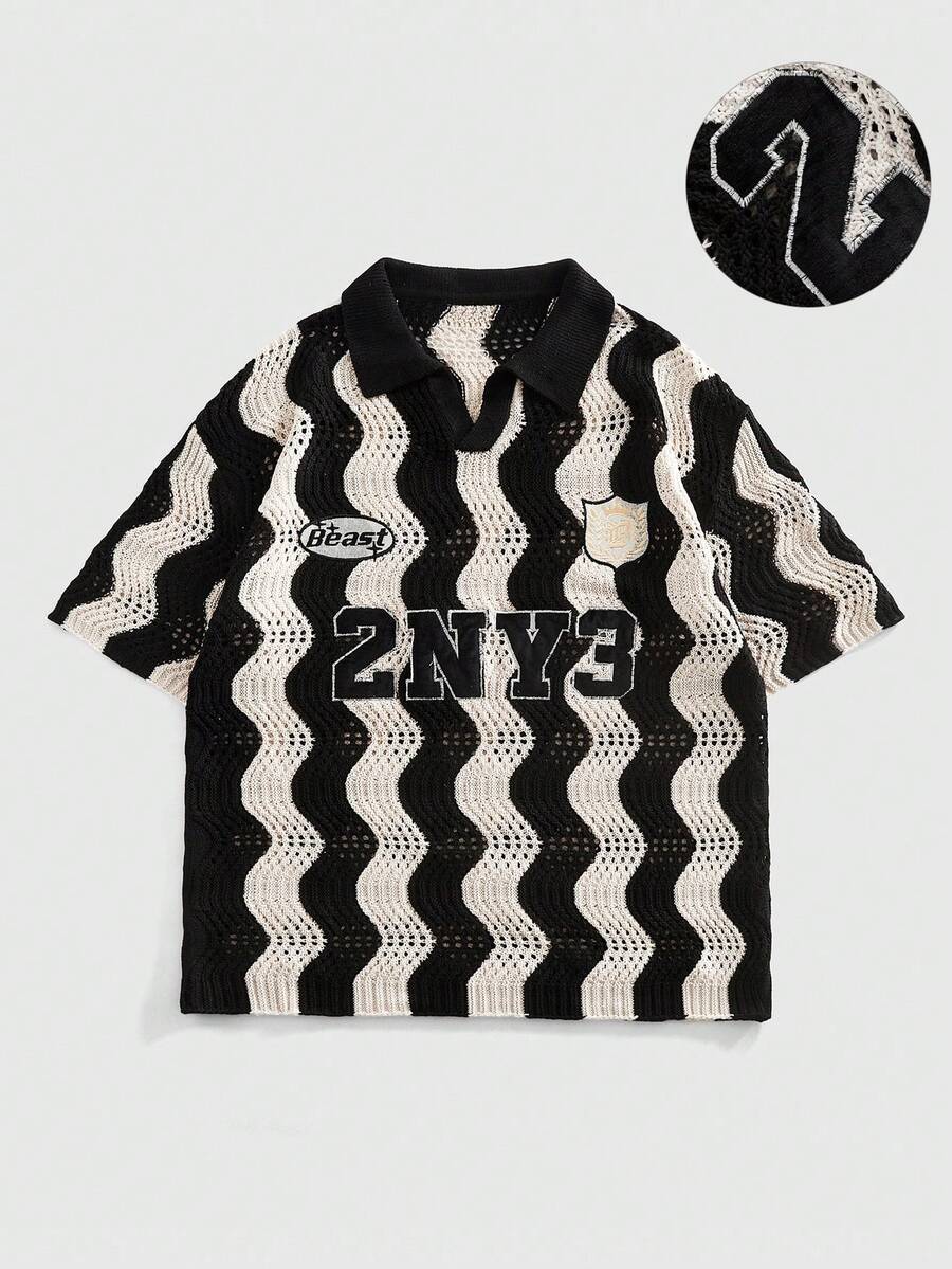ROMWE MEN Prep Men's Retro Contrast Color Wavy Jacquard Polo Shirt, Embroidered Patch Design, 2NY3 Knit Short Sleeve Spring/Summer - Black - View 1