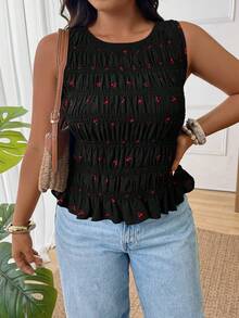 SHEIN Frenchy Plus Size Cherry Print Ruffle Trim Round Neck Casual Tank Top, Summer Smocked Black Peplum Women Sleeveless Spring/Summer For Vacation - Black - View 6