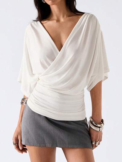 LYSMO 2026 New Arrive Minimalism Spring/Arrival Women's Solid Color Overlapping V-Neck Batwing Short Sleeve Casual T-Shirt, Summer/ Draped Top /Wrap Tops For Women/ Dress Top/ Scarf Top/ Shawl Top