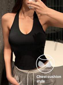 DAZY 纯色无缝露背运动文胸，带可拆卸胸垫，简约轻柔提拉文胸，女士内衣 - 黑色 - 查看 4