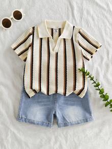 SHEIN Vintaside Kids 男婴夏季百搭休闲短袖简约上衣搭配时尚水洗牛仔短裤套装，适合日常穿着、家庭露营、外出就餐或购物。 - 彩色 - 查看 2