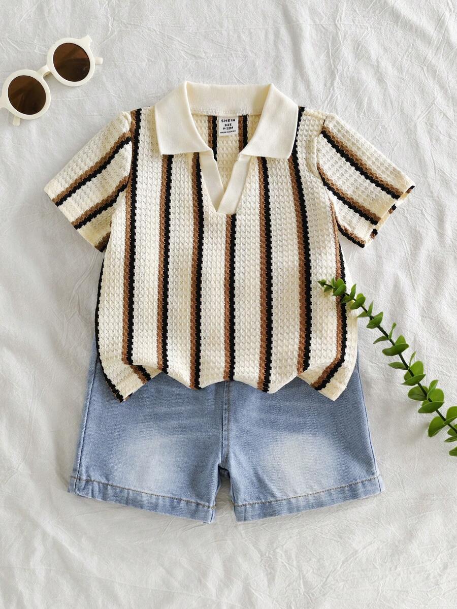 SHEIN Vintaside Kids 男婴夏季百搭休闲短袖简约上衣搭配时尚水洗牛仔短裤套装，适合日常穿着、家庭露营、外出就餐或购物。