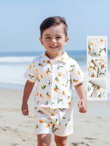 SHEIN Playful Pals 两件套男童休闲日常柠檬数码印花双层荷叶边短袖上衣和松紧腰柠檬数码印花双层荷叶边短裤，舒适透气，适合户外玩耍或居家穿着，百搭夏季套装 - 白色 - 查看 9