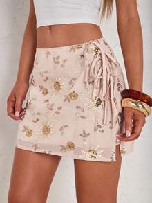 Glamine Women's Sequin Embroidered Pink Sequin Floral Mini Skirt, Summer Boho Sexy Vacation Holiday Party Going Out Wear Sparkly Drawstring Tie Side Wrapped - Apricot - View 6