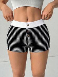 SHEIN PETITE Pantaloncini casual estivi a vita bassa, traspiranti, a righe bianche e nere, con colori a contrasto, versatili - Bianco e nero - Visualizzare 6
