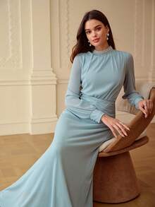 ZEYLAH Women's Turtleneck Pearl Beaded Pleated Long Sleeve Dress - Lake Blue - View 6