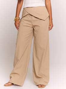 MUSERA Fold Over One Side Waist Wide Leg Trousers Spring Summer Cute Cosy Cottage Core Spring Dew Casual - Khaki - View 2