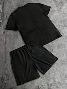 AXEPEAK Men's Casual Letter Print T-Shirt And Shorts Set, Summer - Black - View 7