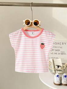 SHEIN 女婴幼儿0-3岁休闲百搭日常百搭爱心刺绣黑白条纹短袖T恤 - 粉色 - 查看 2