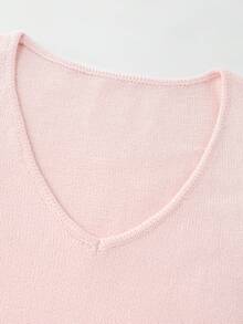 Franclia 浅粉色荷叶边喇叭袖V领时尚简约优雅复古通勤休闲春夏低领短袖修身针织上衣女款浅粉色上衣夏季上衣女款粉色上衣女款针织上衣女款可爱上衣 - 淺粉色 - 查看 3