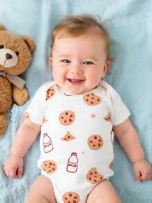 SHEIN Pelele de manga corta con cuello redondo y estampado de comida de dibujos animados para bebé niño - Caqui - Ver 4