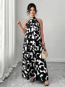 SHEIN Elenzya 数码印花宽松领口系带度假连衣裙 - 彩色 - 查看 6