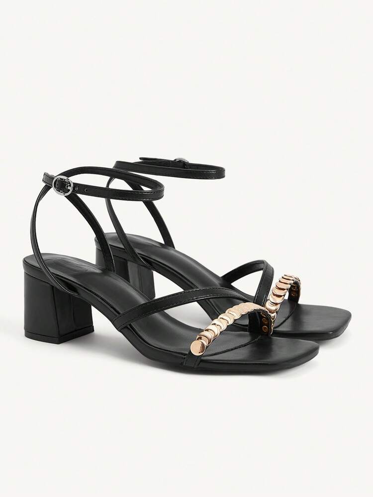 CUCCOO CHICEST Women's Black Square Toe Chunky Heel Sandals, Elegant Fashion Metallic Glitter Ankle Strap, Suitable For Valentine's Day Party And Elegant Outfit Valentine's Day Elegant Shoes