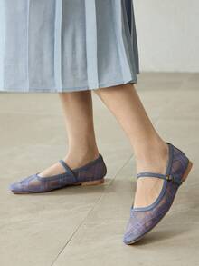 MOTF WOMEN'S CONTRAST MESH PLAID FLAT SHOES - Blue - View 5