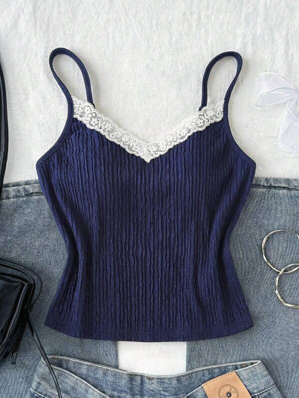 SHEIN Tween Girls Lace Ballet Style Textured Knit Contrast Lace Color Block Camisole Tops, Tween Girls Lace Ballet Style Camisole Tank Tops, Navy Blue & White Girls Cami Lace Cami Teen Girl Clothes Top Bralettes For Girls Tops For Teen Girls Cute Cute Cami Tops Tops Cute