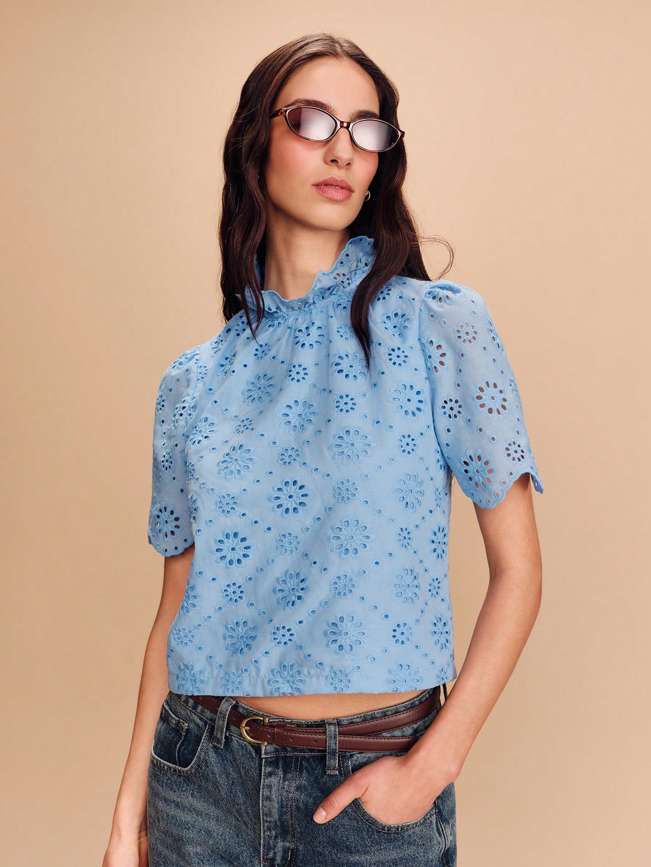 Blue Embroidered Blouse With Cute Ruffle Details Spring Summer Style French Style Parisian Style Office-Wear Going Out