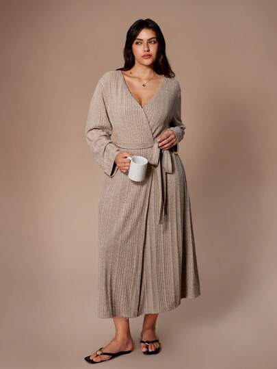 Lazeform كارديجان طويل كاجوال بسيط مزخرف بالحياكة المنسوجة للمقاسات الكبيرة، مع ربطة أمامية