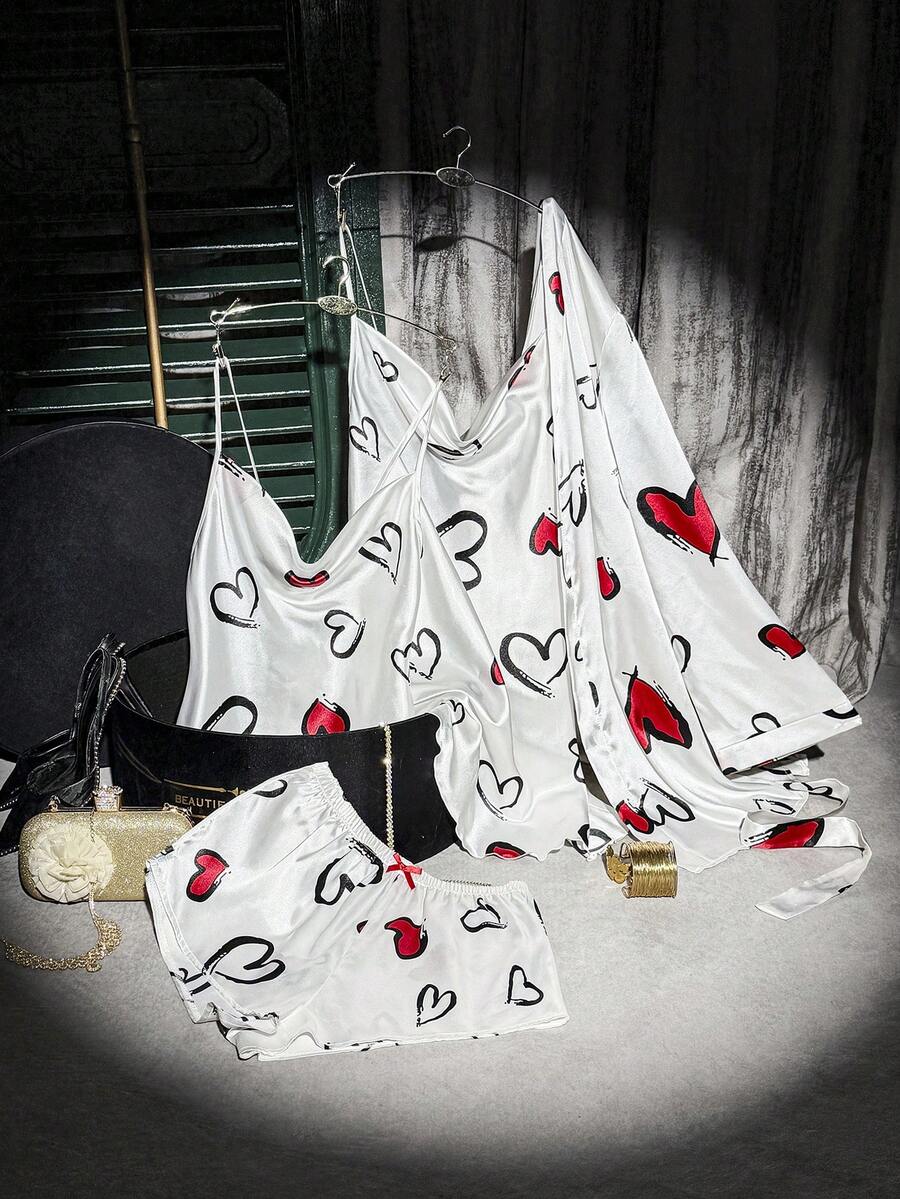 SHEIN Heart Print Faux Silk Pajama Set - Multicolor - View 1