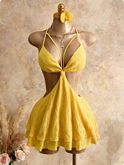 Mistrie Women's Solid Color Minimalist Hollow Out Casual Dress