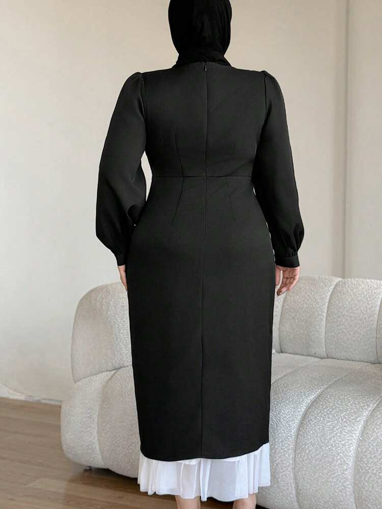 Dazy Plus Plus Size Women Elegant Puff Sleeve Tie Waist Midi Dress, Solid Color, Casual/Work Wear, Spring/Autumn Sundress