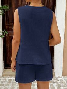 SHEIN 2pcs Maternity Comfortable Solid Color Drawstring Tank Top & Shorts Set - Navy Blue - View 2