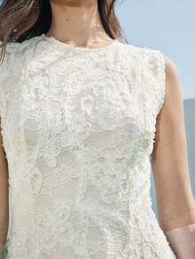 Ontre Women's Elegant White Summer Mid-Length Dress,Lace Patchwork Round Neck Sleeveless Fitted Waist,Dining Wedding Guest Attire,Vintage High-End Woven - Apricot - View 2