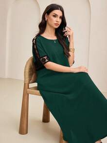 Lacomfia 女士时尚优雅蕾丝拼接镂空长裙 - 綠色 - 查看 6