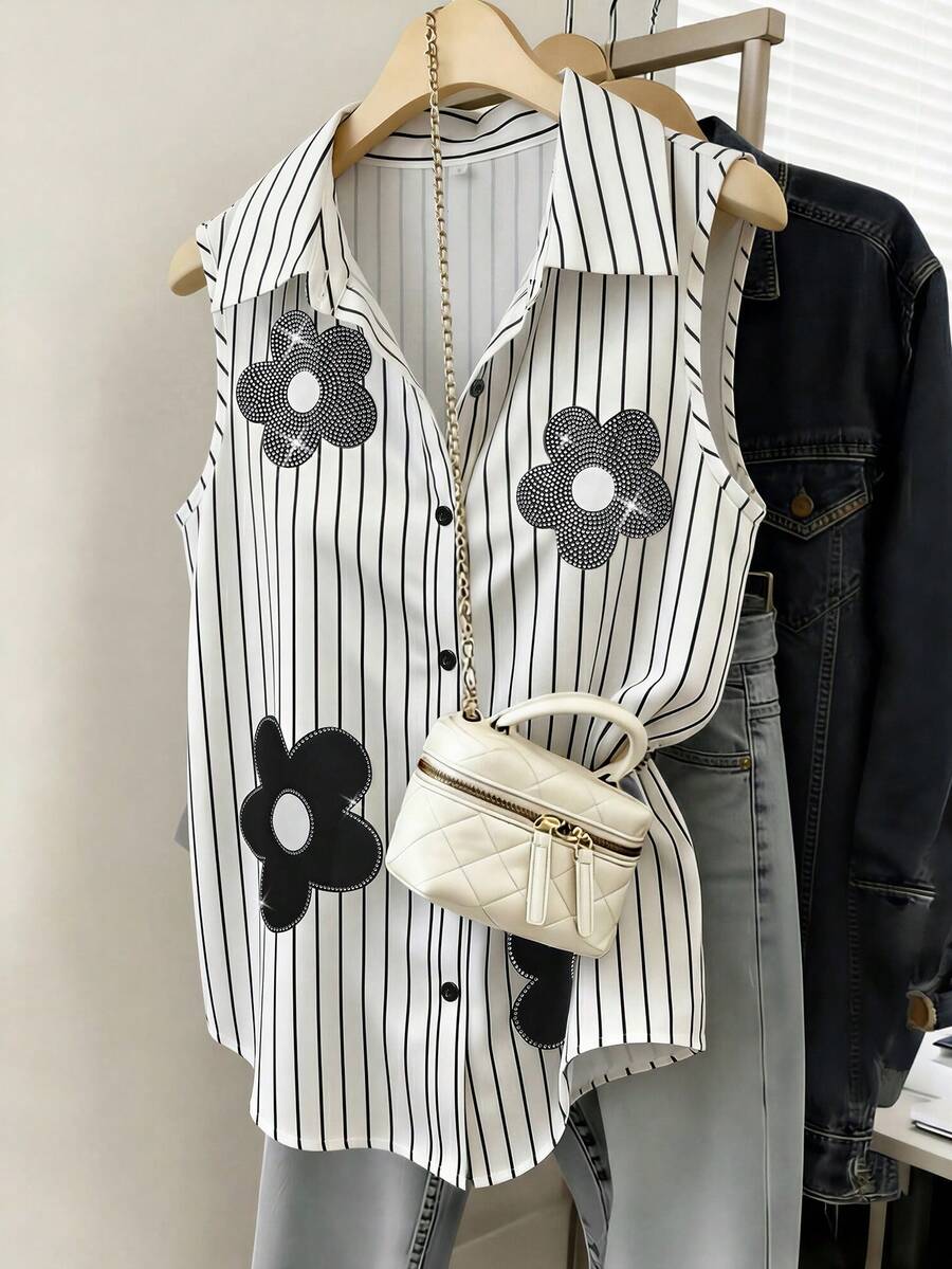 Franclia Elegant Sleeveless Shirt, Striped Shirt, Rhinestone Embellished Shirt, Positioned Print Shirt - Multicolor - View 1