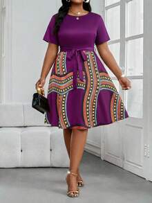 SHEIN Lady Đầm midi tay ngắn dáng suông, thắt eo, cổ tròn, kiểu dáng boho, thanh lịch, thích hợp cho công sở mùa xuân và hè, cỡ lớn. - Nhiều màu - Xem 5