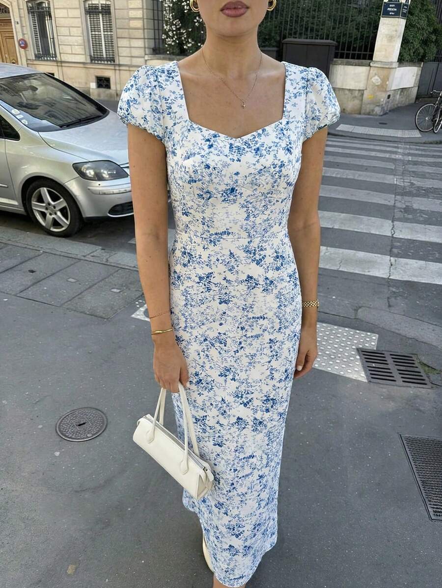 Pariaura Floral Print Sweetheart Neck Fitted Elegant Short Sleeve Dress - Multicolor - View 1