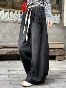 FRIFUL Women's Drawstring Waist Pockets Wide Leg Loose Casual Jeans - Black - View 2