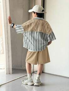 SHEIN 两件装男童休闲运动学院风文艺复古日韩宽松条纹翻领衬衫配大字母图案短裤套装，适合儿童服装、幼儿男童服装、返校季男童套装，适合生日派对、晚宴、演出、婚礼、洗礼、开幕式等场合，日常穿着也适合上学、旅行、运动，适合春夏季节。 - 駝色 - 查看 6