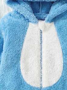 新生儿可爱卡通刺绣3D护耳拉链抓绒连体衣，秋冬季 - 藍色 - 查看 6