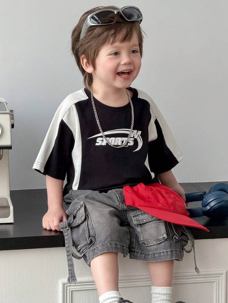 Baby Boy Colorblock Letter Print Loose Fit Crew Neck Top