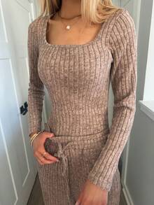 Sydney Algeri 2 件罗纹紧身衣和裤子套装，舒适家居服健身套装，运动服，休闲风格，长袖紧身衣和阔腿裤，秋冬基本款，宽松裤，长袖，冬装 - 駝色 - 查看 6