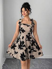 Elenzga Plus Size Women's Elegant Floral All-Over Print Spaghetti Strap Mini Dress,Beige Summer Formal Wedding Guest Vacation Casual Urban Lady Dress - Multicolor - View 4