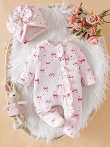 SHEIN 新生儿蝴蝶结印花可爱连体衣配帽子，秋冬季 - 淺粉色 - 查看 3