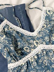 Glimmora Áo hai dây ôm dáng mùa hè dành cho nữ, họa tiết hoa, phối ren tương phản. - Màu xanh lam - Xem 3