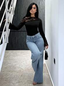 Vassilux 1 件女式纯黑色性感优雅不对称蕾丝拼接露肩长喇叭袖紧身衣，适合秋冬季分层穿着，针织保暖性感，适合外出、浪漫约会、派对 - 黑色 - 查看 6