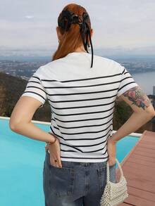 Gretanique 女士条纹休闲百搭 T 恤图案 T 恤女士上衣 - 黑與白 - 查看 2
