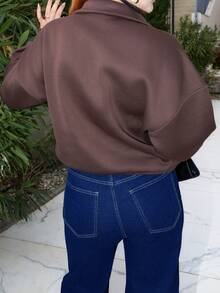 Gretanique 女士宽松开叉拉链连帽衫 - 咖啡棕 - 查看 2