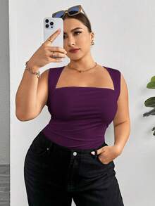 SHEIN Essnce Plus Size Women's Summer Casual Tight Tank Bodysuit, Summer , Curve , Brunch Outfit - Purple - View 4