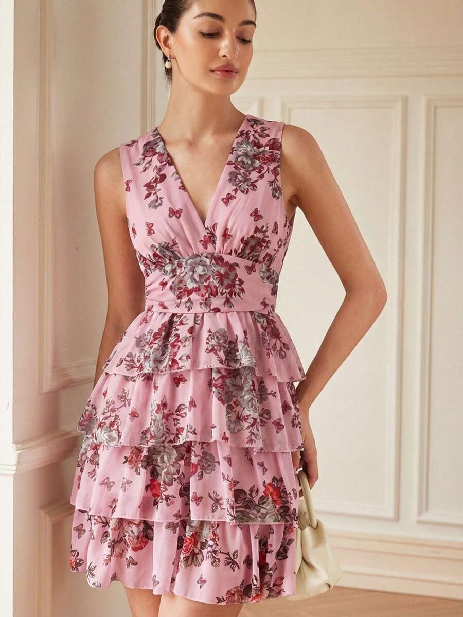 BELROSIE French Retro Elegant V-Neck Sleeveless Ruched Waist Multilayer Ruffled Contrast Color Floral Print Chiffon Mini Dress For Women - Dusty Pink - View 1