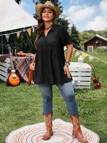 EMERY ROSE Short Sleeve Blue Button-Up Shirt, Casual Vacation Shirt With Longer Back, Plus Size, Suitable For Spring & Summer - Black - View 3